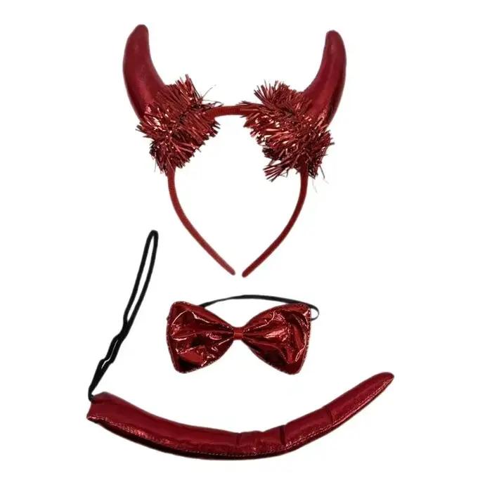 PACK 39BD 3 bandeaux cornes rouges diable avec des arcs des queues pour fête d'Halloween