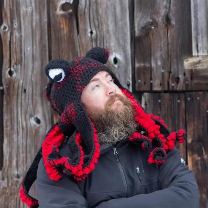 Chapeau en laine tricoté avec barbe de poulpe pour hommes, tissage à la main, fête de Cosplay de noë