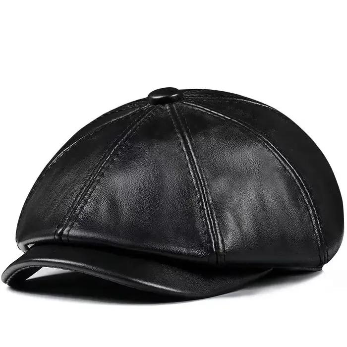 Béret en cuir de vachette pour homme, 2024 cuir véritable, coton chaud, casquette de marque rembourr