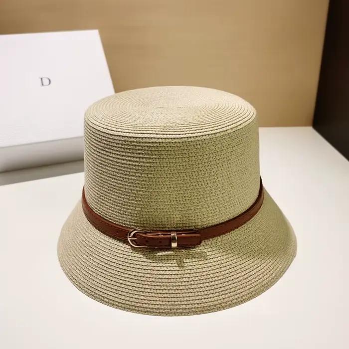 Chapeau de plage en paille pour femme, casquette de soleil, protection UV, dessus plat, décoration d