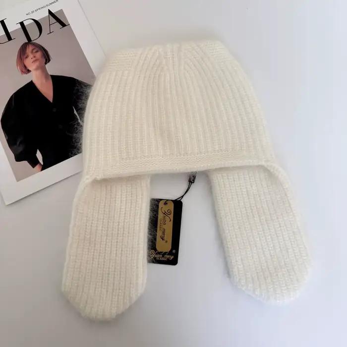 Bonnet d'hiver pour femme en angora tricoté avec cache-oreilles, accessoire chaud pour le froid, idé