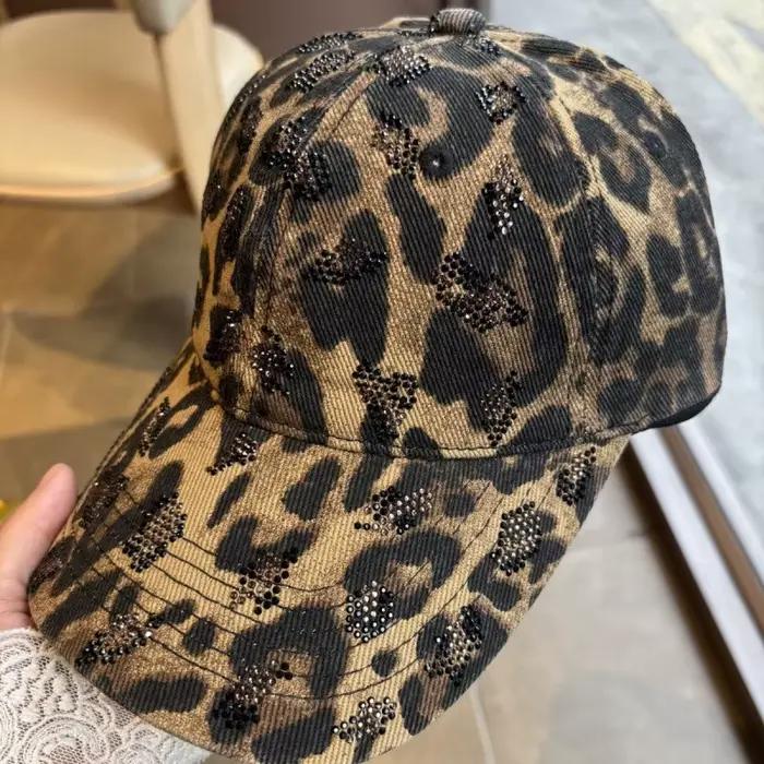 Casquette de baseball à imprimé léopard avec strass, casquette de protection solaire d'extérieur à v
