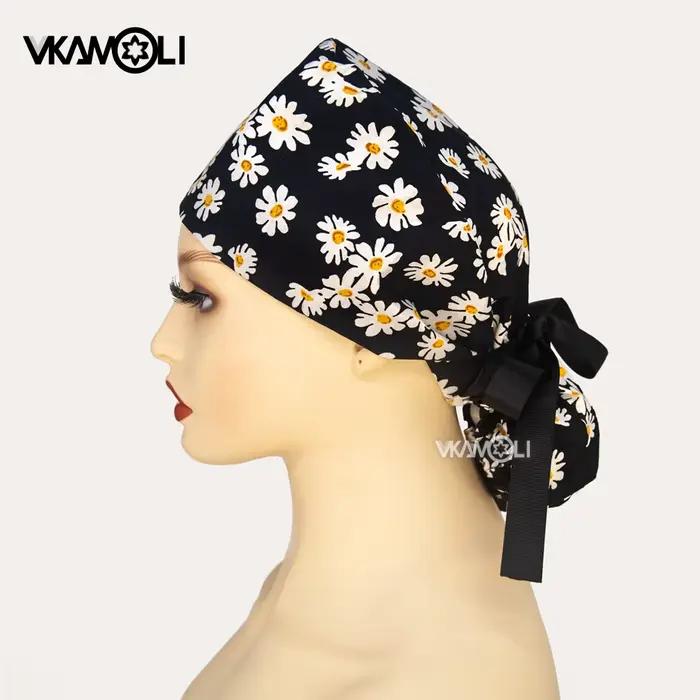 Chapeau floral imprimé noir, casquette queue de cheval pour le personnel médical, pour la prévention