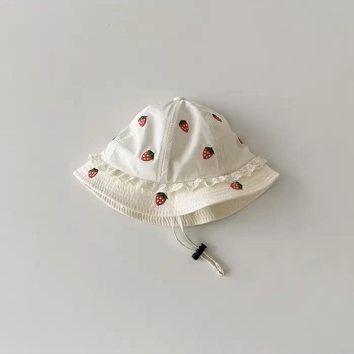Chapeau de pêcheur pour bébé 48 cm 5-20 mois Printemps-Été, Béret Brodé Fraise Dentelle, Casquette d
