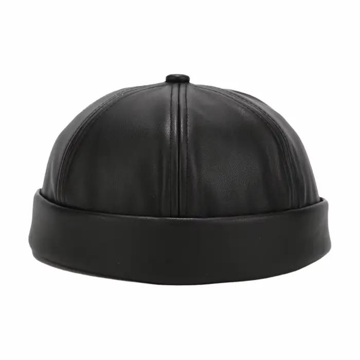 Chapeau melon en cuir décontracté sans visière, couleur unie, réglable, style vintage rétro tendance