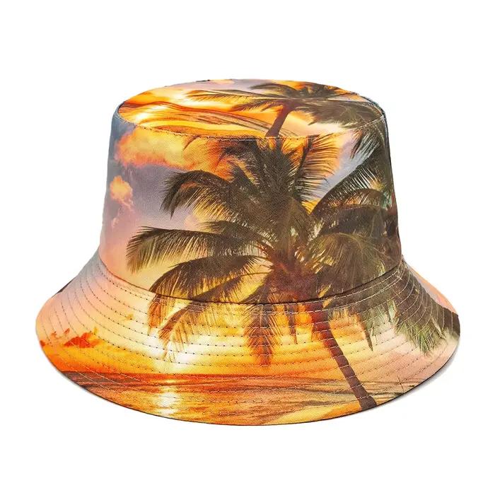 Chapeau Bob Imprimé Cocotier pour Hommes et Femmes, Protection Solaire d'Été, Style Panama Unisexe,