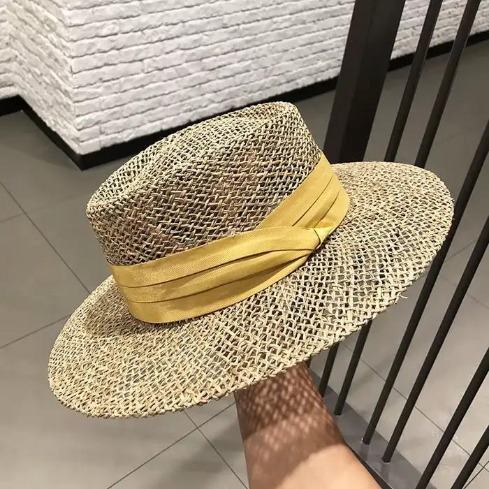 Chapeau de paille de luxe pour femme, protection solaire, plage, français, panama, bosse, haut, bord