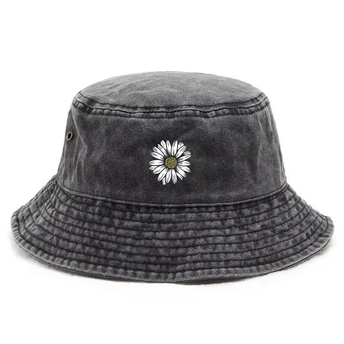 Chapeau Bob en Coton Lavé Motif Marguerite Style Vintage pour Femme – Protection Solaire Estivale, I