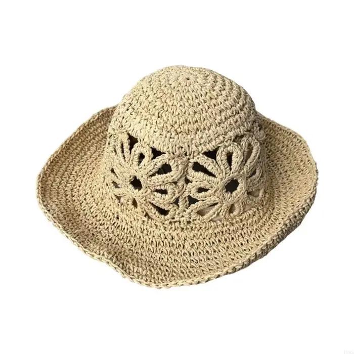 Chapeau soleil en paille ajouré à larges bords, chapeau d'été pour vêtements vacances, 56-58 accesso