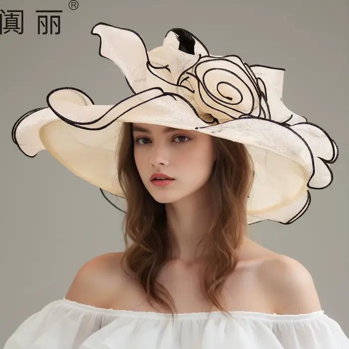 Chapeau en organza pour femmes, style européen et américain, élégant, à fleurs, à large bord, pour l