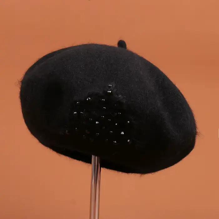Béret femme hiver Angora tricot chapeau fleur perles chaud doux accessoire pour l'automne Sports de
