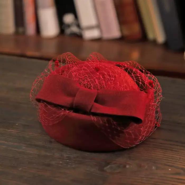 Chapeau à nœud en laine avec voile pour femme, casquette d'hôtesse de l'air en cachemire pour l'hive