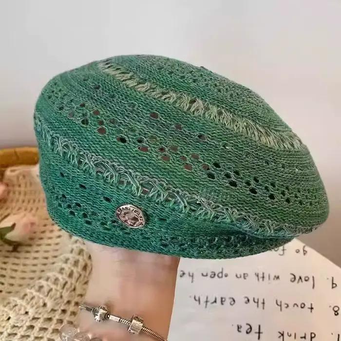 Béret en paille vert menthe ajouré style vintage pour femme, fin et respirant, idéal pour l'été, gra