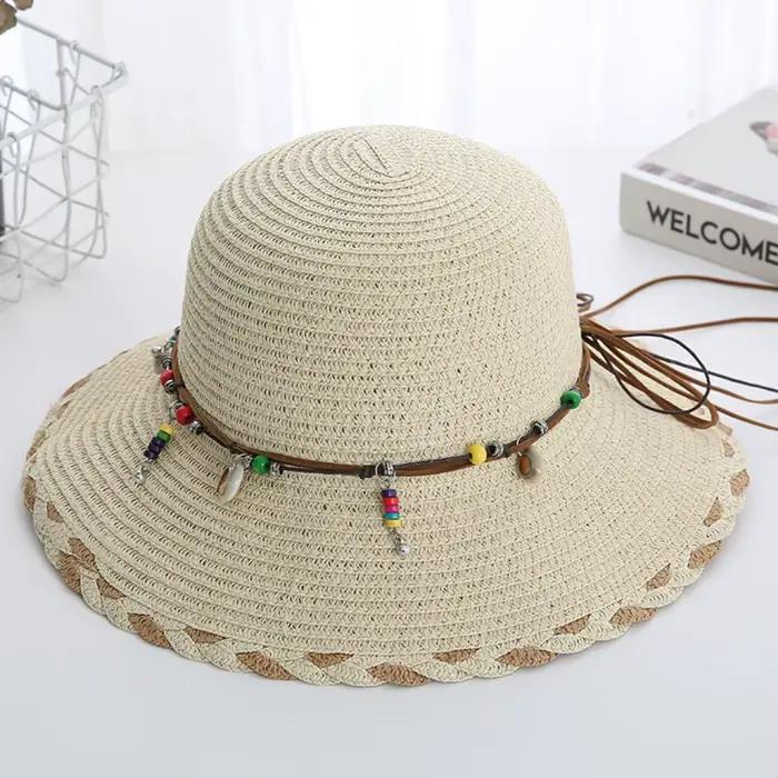Chapeau de paille bohème style western avec lanière perlée, pliable, à large bord, pour femme, idéal