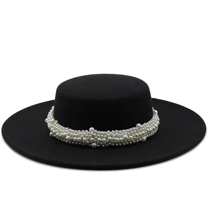 Chapeau Fedora blanc perlé de style socialite française pour femme, haut de bateau à grand bord, cha