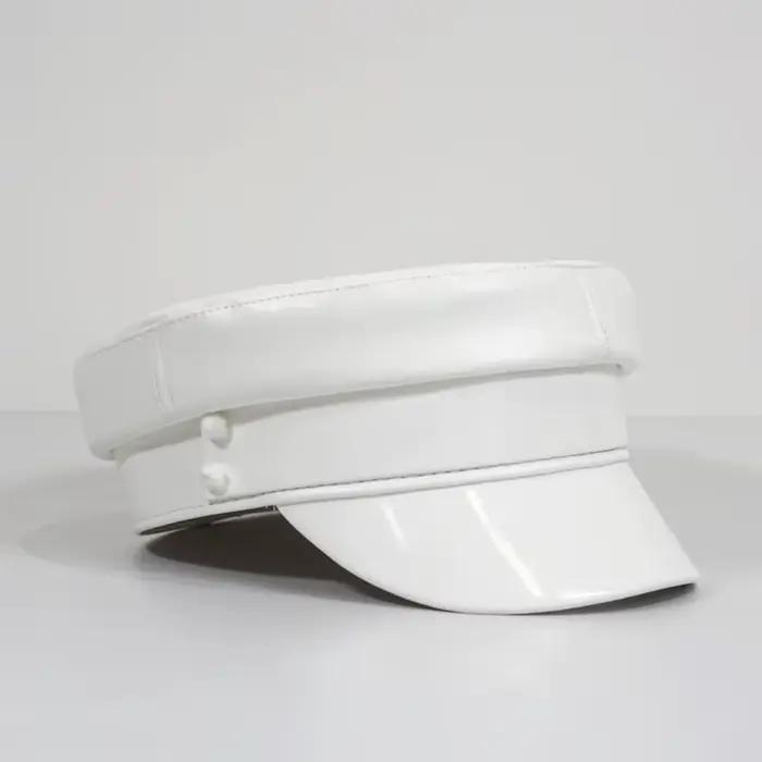 Chapeau en cuir PU noir pour femme, marque Punk anglaise, militaire, plat, bleu marine, casquettes,