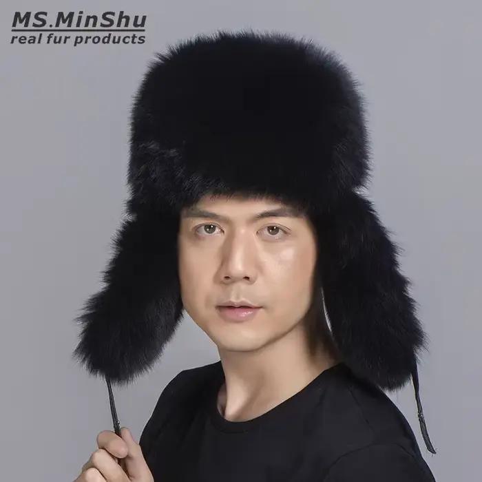 Ms.MinShu Véritable chapeau en fourrure de renard noir avec cuir de mouton unisexe hiver réglable or