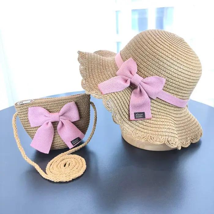 Ensemble de 2 pièces : Chapeau de paille à large bord pliable avec nœud décoratif et sac fourre-tout