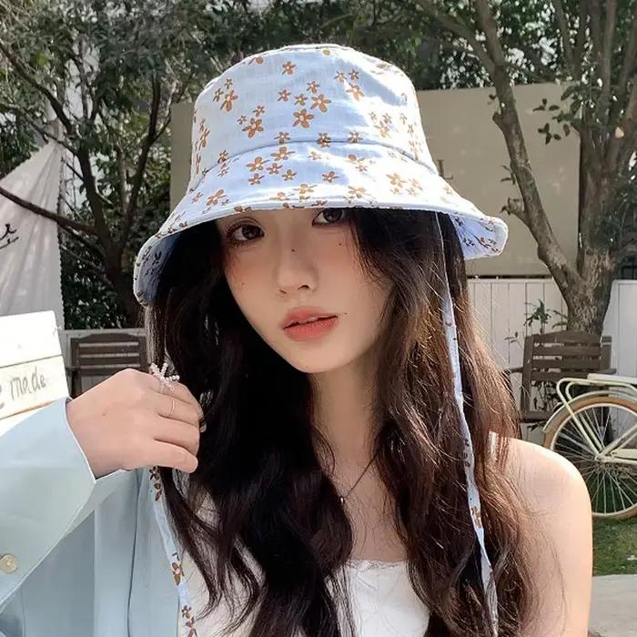 Y2K – chapeaux seau à lacets imprimés de fleurs de myrtille pour femmes, chapeau de bassin pare-sole