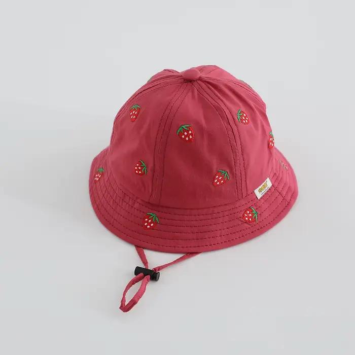 Chapeau de pêcheur pour fille avec broderie fraise 48-50cm Printemps-Été Nouveau Casquette Bob Migno