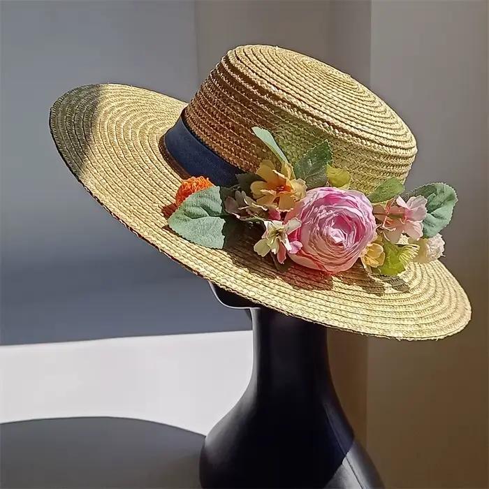 Chapeau de paille blanc 2026 avec fleur artificielle, chapeau de paille à dessus plat amovible, chap