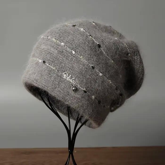 Angora chapeau femmes hiver tricot chapeau strass Double couches décontracté chaud accessoire pour l