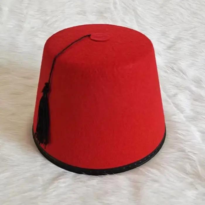 Chapeau Fez Rond en Feutre Respirant Rouge, Tarbouche, Chapeau Marocain pour Cosplay, Chapeau Turc à