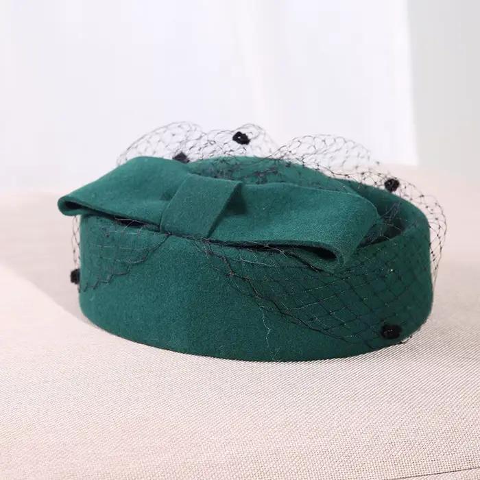 Chapeau à nœud en laine avec voile pour femme, casquette d'hôtesse de l'air en cachemire pour l'hive