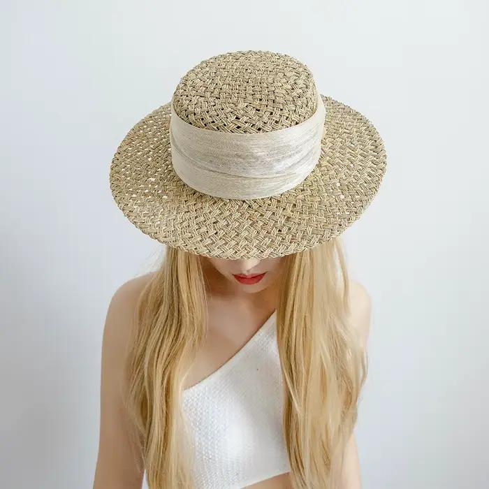 Chapeau de soleil d'été pour femmes, casquette plate en paille naturelle 100%, chapeaux de plaisance