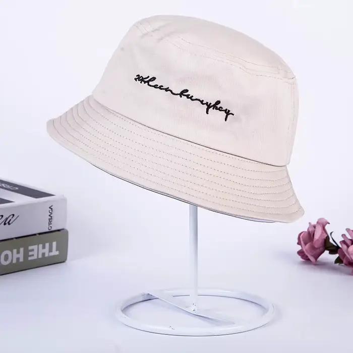 Chapeau de pêcheur avec lettres brodées pour femmes et hommes, seau en coton de couleur unie, à la m