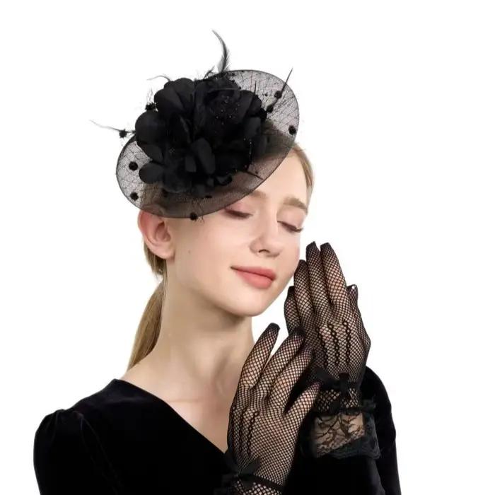 Femmes élégantes 3D pince florale chapeaux fascinateurs et gants en maille ensemble pour mariage thé