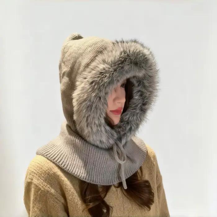 Cagoule tricotée en Fiber de Polyester pour femme, chapeau tendance et polyvalent, chaud et résistan
