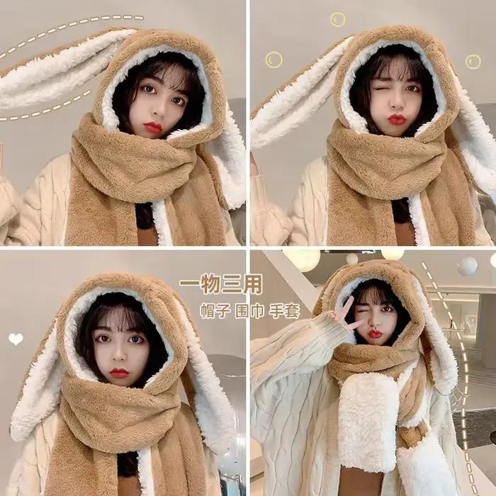 Nouvelle mode écharpe chapeau gant femmes mignon grande oreille lapin bonnet hiver chaud doux épaiss