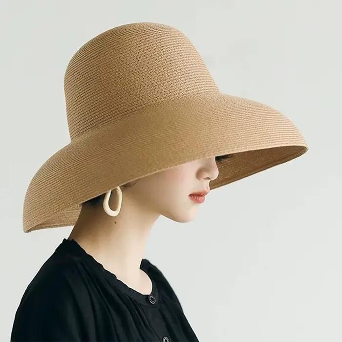 Chapeau de paille bohème tendance à large bord, tressé, ajouré, respirant, protection UV, idéal pour