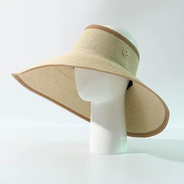 Chapeau de paille à large bord style européen et américain pour femme, chapeau de soleil à dessus ou