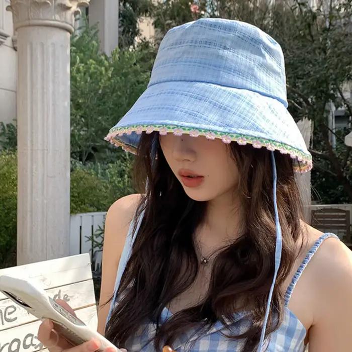 Chapeau Bob en Dentelle à Bord Large pour Femme, Protection Solaire d'Été, Couleur Unie, avec Lacets