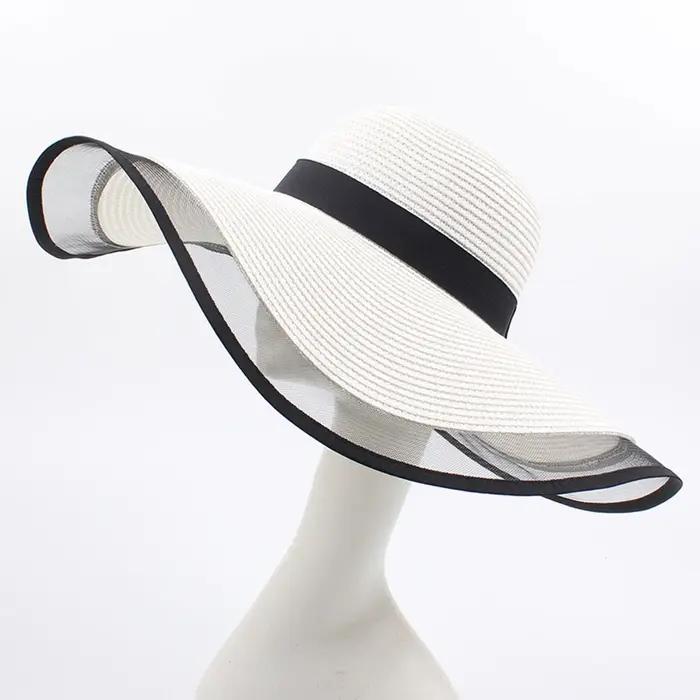 Chapeau de soleil en paille Vintage pour femmes, grandes avant-toit, casquette hawaïenne de plage, b
