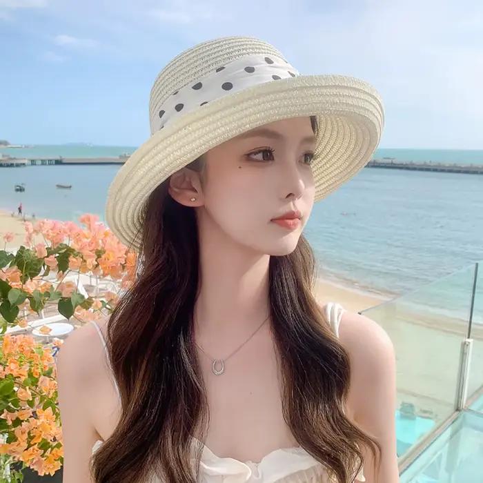 Chapeau de paille d'été à pois avec ruban pour femme, élégant, à bord incurvé, protection solaire, s