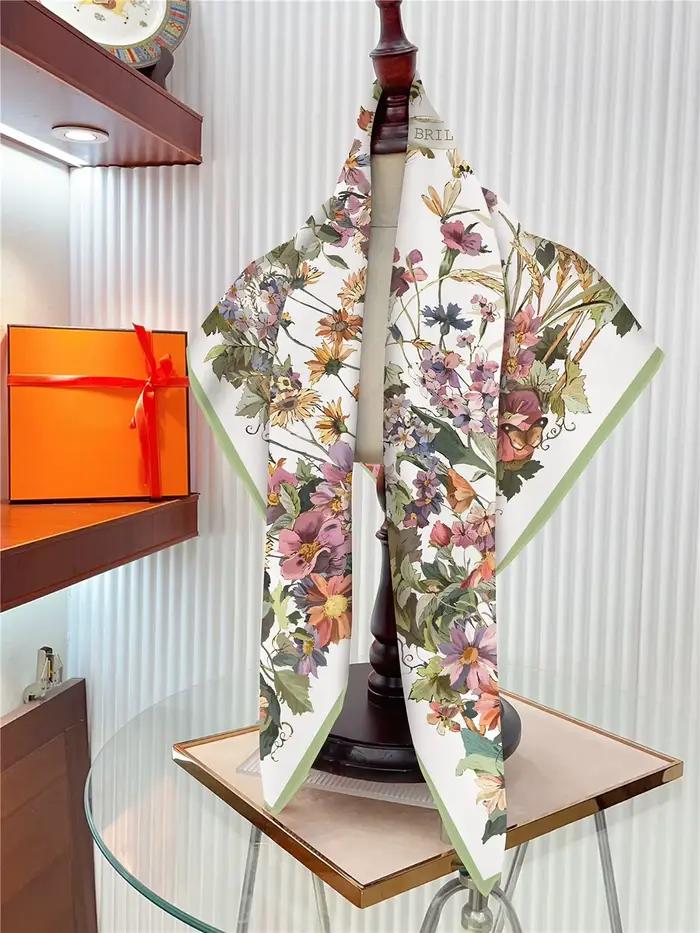 Foulard carré de marque pour femmes, 90cm, mode florale, sergé, soie, châle, Hijab, luxe, Bandana, F