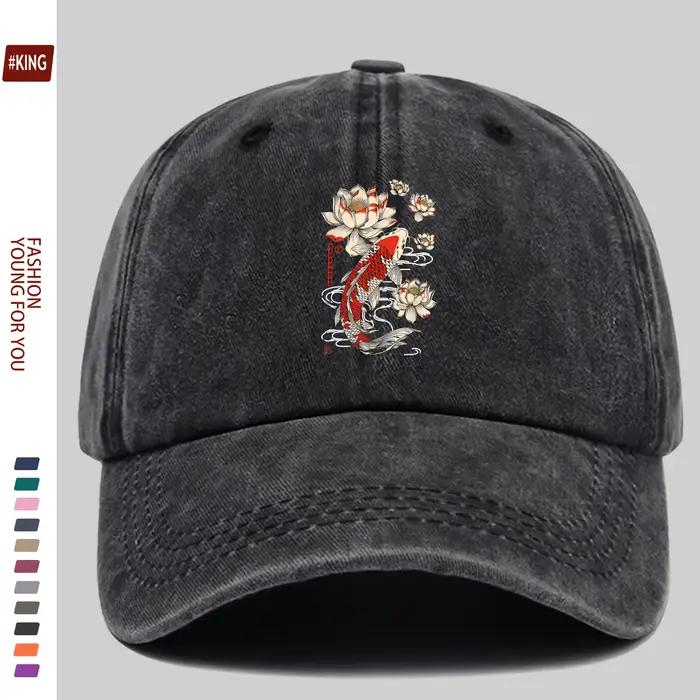 Casquette de baseball japonaise Hokkaido Wave Koi, 1 pièce, avec imprimé rouge et Lotus, confortable