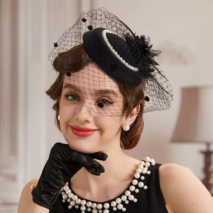 Coiffure en maille noire, chapeau d'hôtesse, pince à cheveux en perles de tempérament français pour