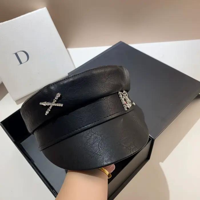 Casquettes de gavroche en PU pour femmes, casquette plate avec lettre en diamant, chapeau de bureau