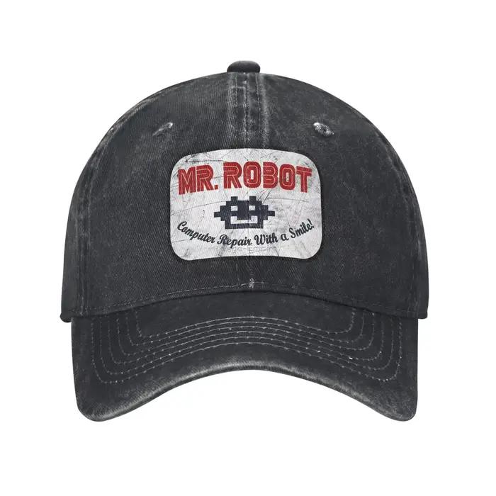 Monsieur Casquette de Baseball avec sourire pour réparation d'ordinateur Robot, Vintage, Denim délav