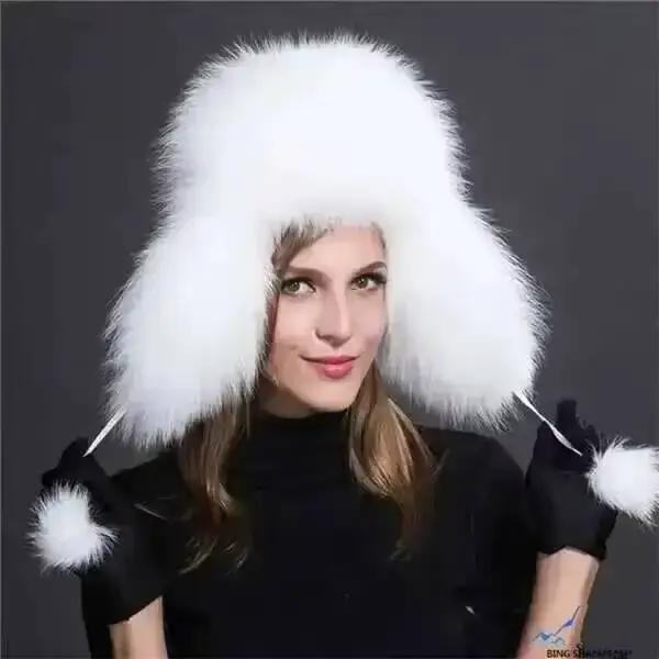 Chapeau d'hiver en fourrure de renard pour femme, style bombardier, chaud et épais, avec cache-oreil