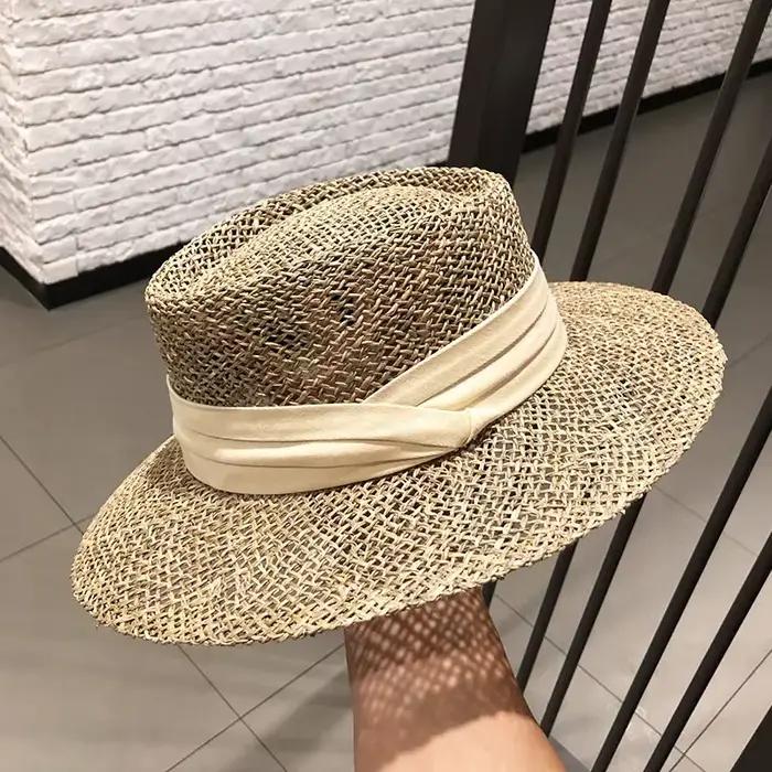 Chapeau de paille de luxe pour femme, protection solaire, plage, français, panama, bosse, haut, bord
