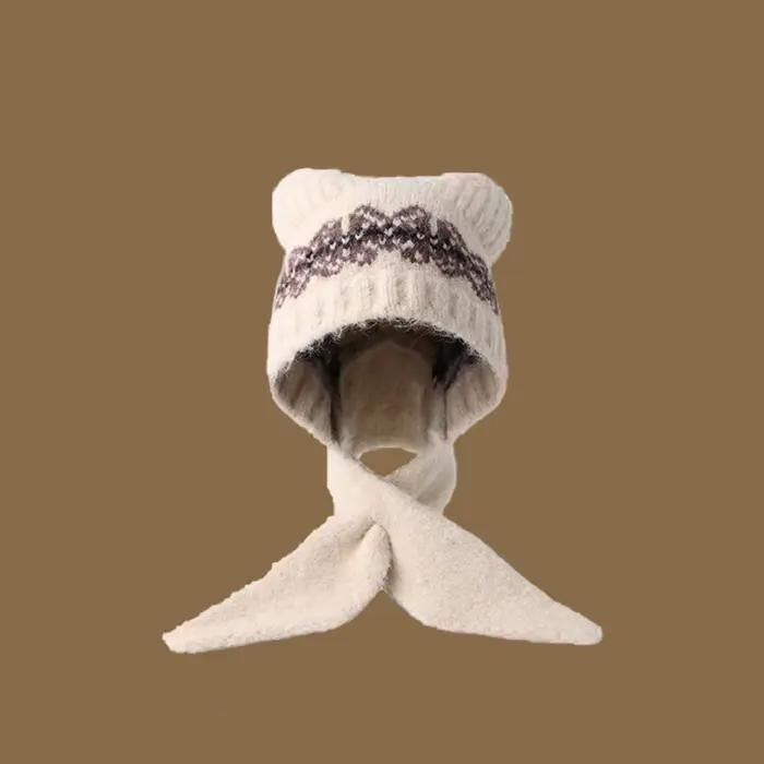 Chapeau tricoté en Jacquard Style Fair Isle rétro, doublure polaire, imprimé, casquette en tricot, V