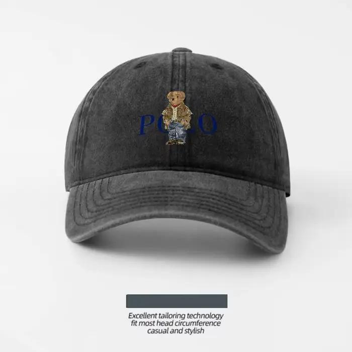 Casquette de baseball en coton lavé brodée POLO BEAR, coupe classique unisexe, chapeau d'extérieur a
