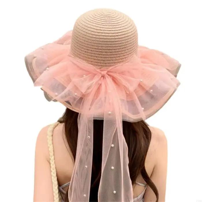 Chapeau soleil élégant pour femmes, paille en papier, respirant pliable, avec nœud papillon en dente