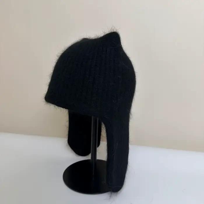 Bonnet d'hiver pour femme en angora tricoté avec cache-oreilles