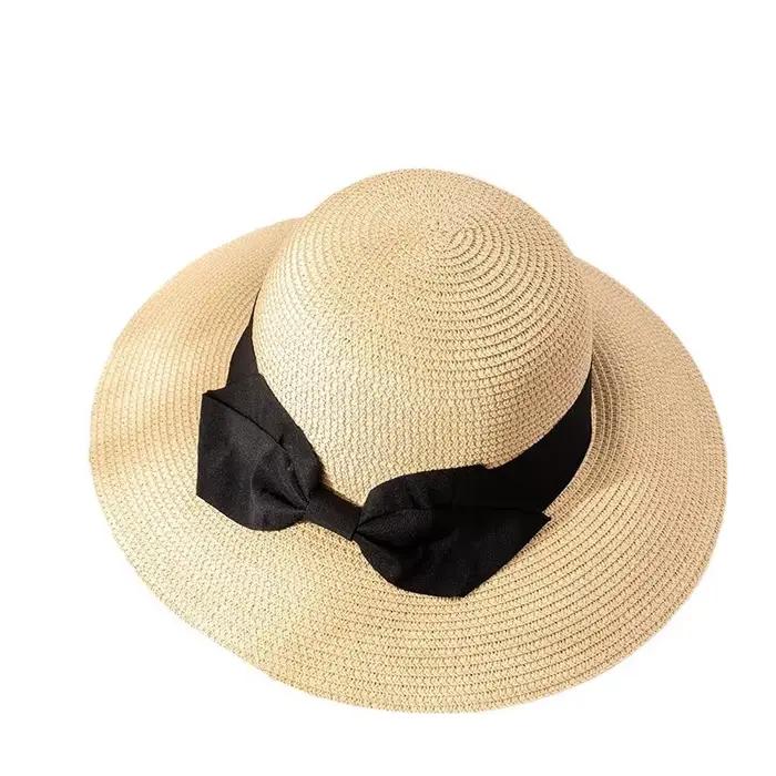 Chapeau de paille grand avant-toit avec nœud papillon noir pour femmes protection solaire et élégance mode été plage vacancesextérieuractivitéschic